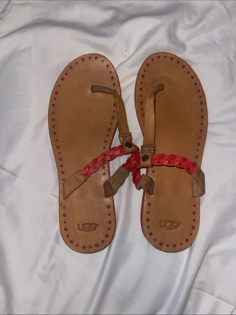 UGG Brown Leather Sandals with Red Braided Strap size 8